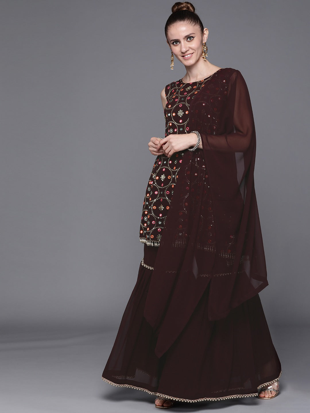 Made to Measure Sequence & Mirror Embroidery Peplum Sharara Suit Set With Pearl Tassels