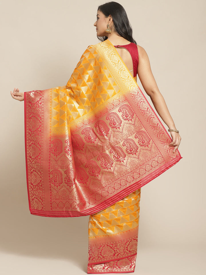 Mustard Banarasi Handloom Woven Saree in Geometrical Pattern & Ethnic Contrast Border
