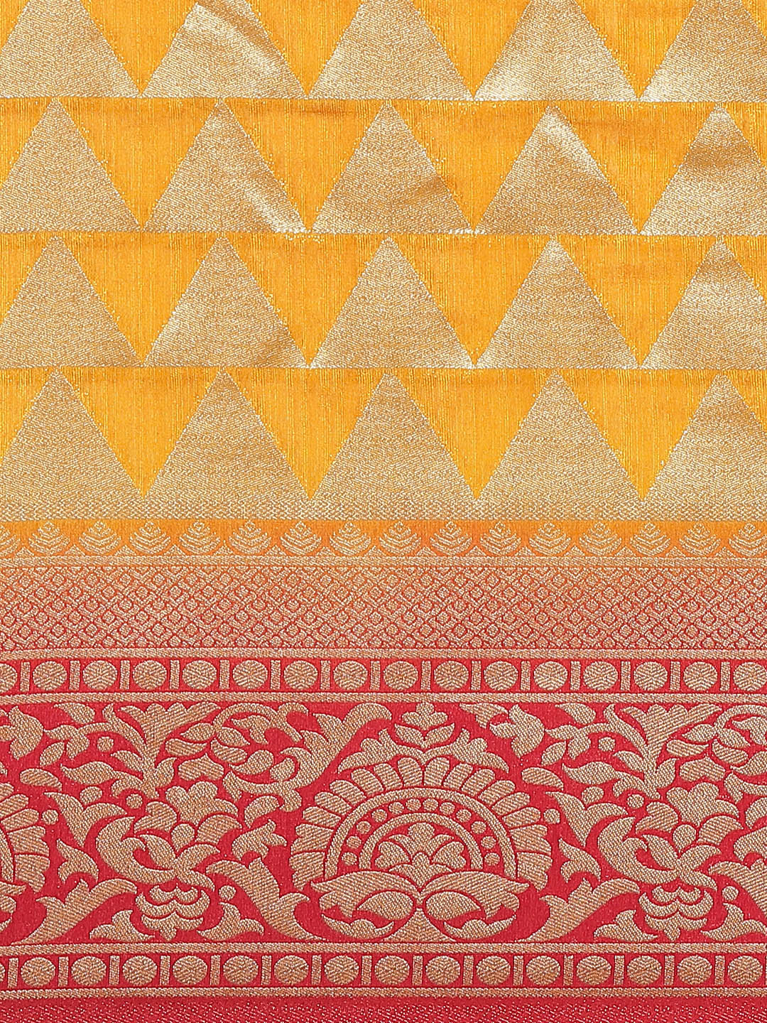 Mustard Banarasi Handloom Woven Saree in Geometrical Pattern & Ethnic Contrast Border