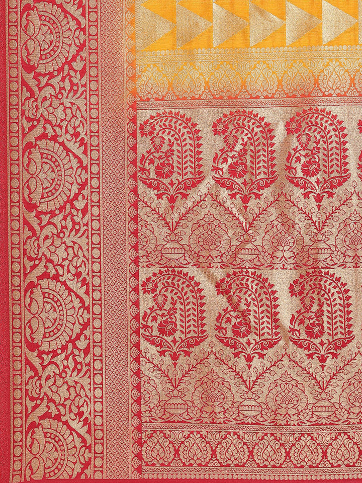 Mustard Banarasi Handloom Woven Saree in Geometrical Pattern & Ethnic Contrast Border
