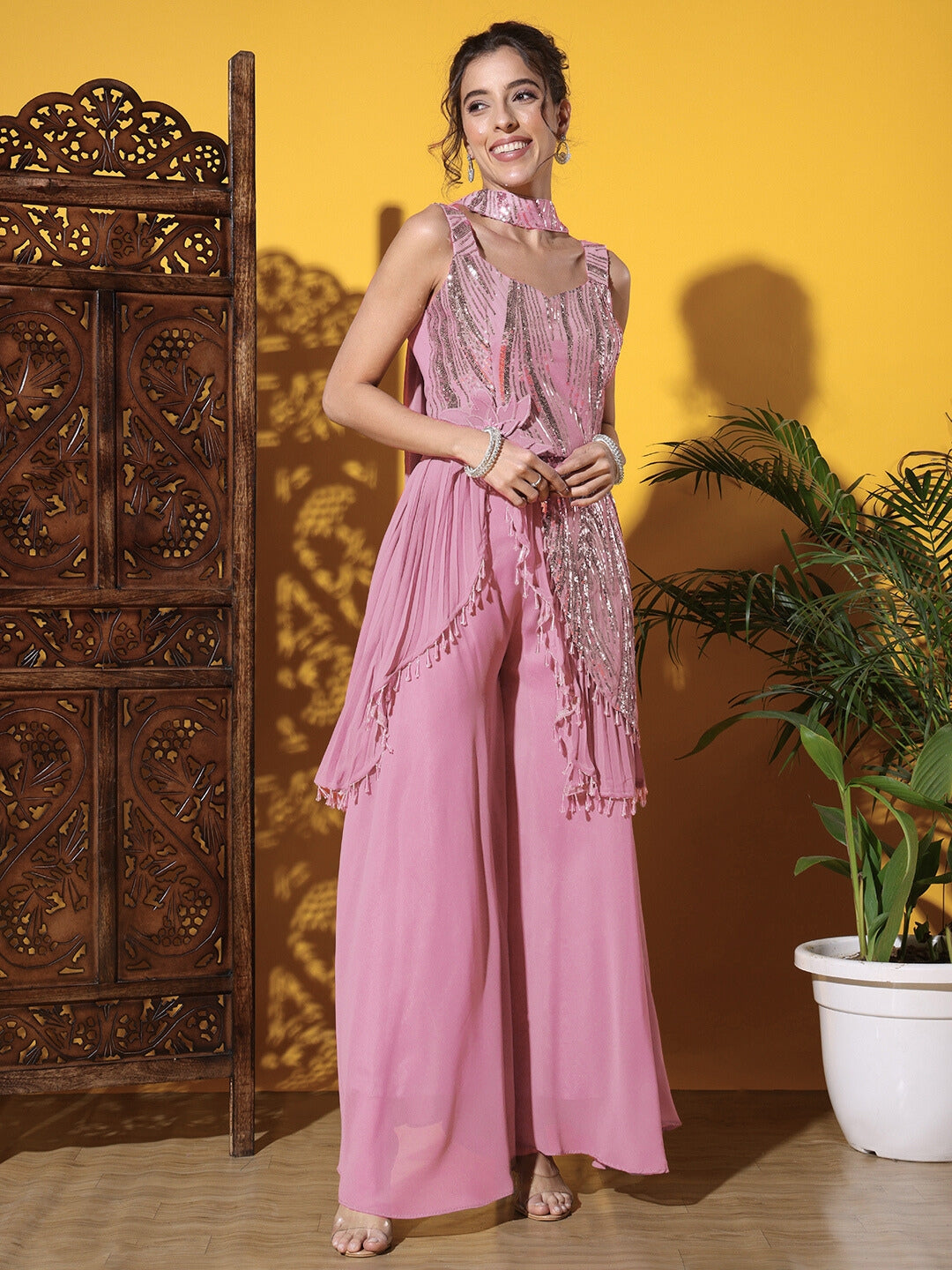 Chhabra 555 Sequinned Assymetical Tassled Kurta Palazzo Set with Embelllished Pre-pleated Dupatta