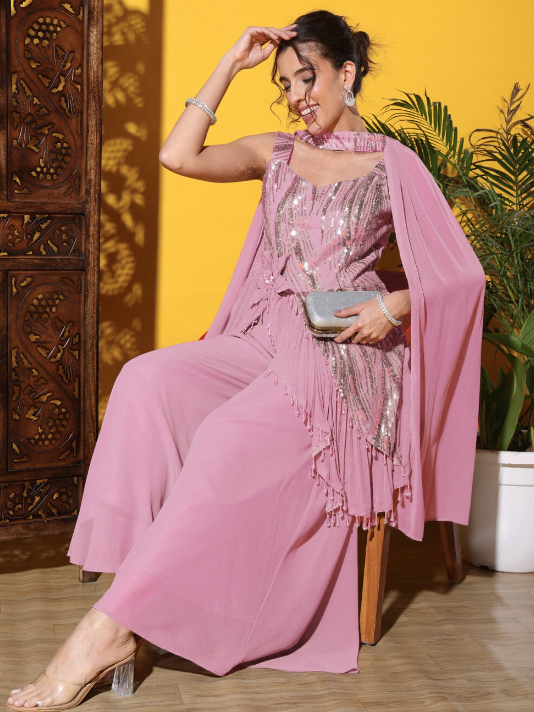 Sequinned Assymetical Tassled Kurta Palazzo Set