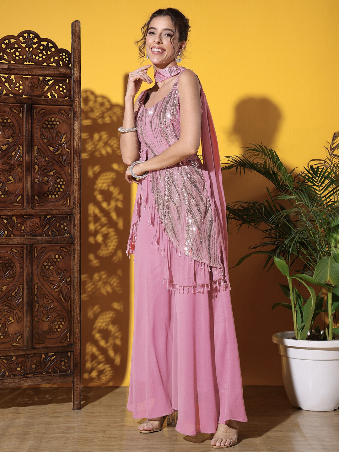 Sequinned Assymetical Tassled Kurta Palazzo Set