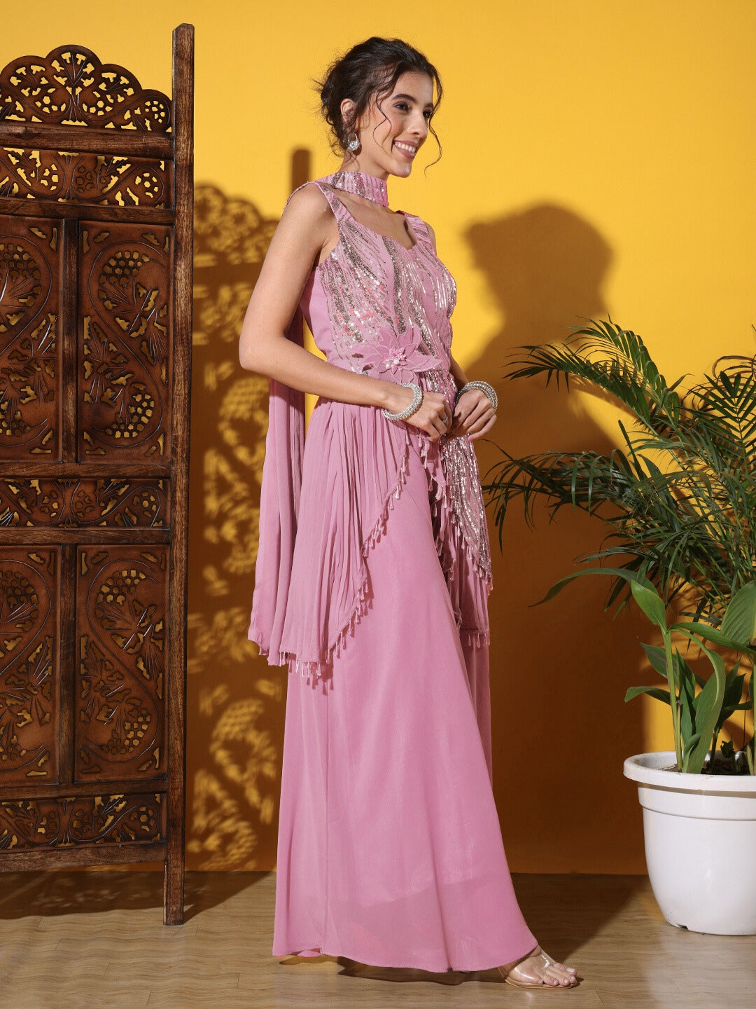 Sequinned Assymetical Tassled Kurta Palazzo Set