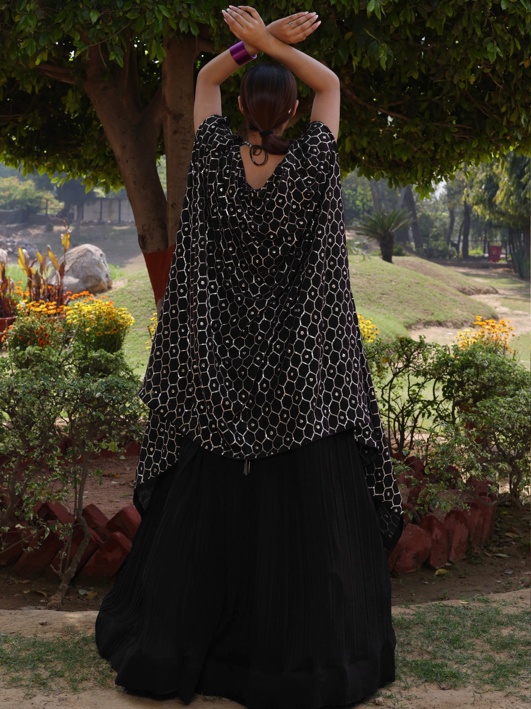 Pleated Lehenga with Stylish Embroidered Crop top blouse & Cape Jacket