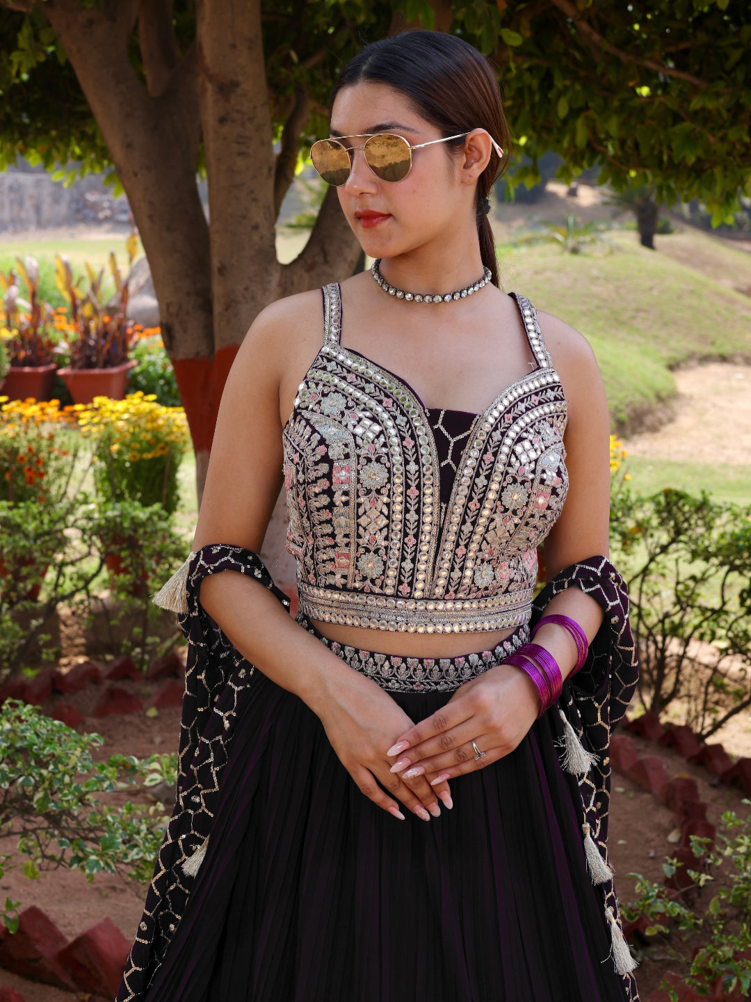 Pleated Lehenga with Stylish Embroidered Crop top blouse & Cape Jacket