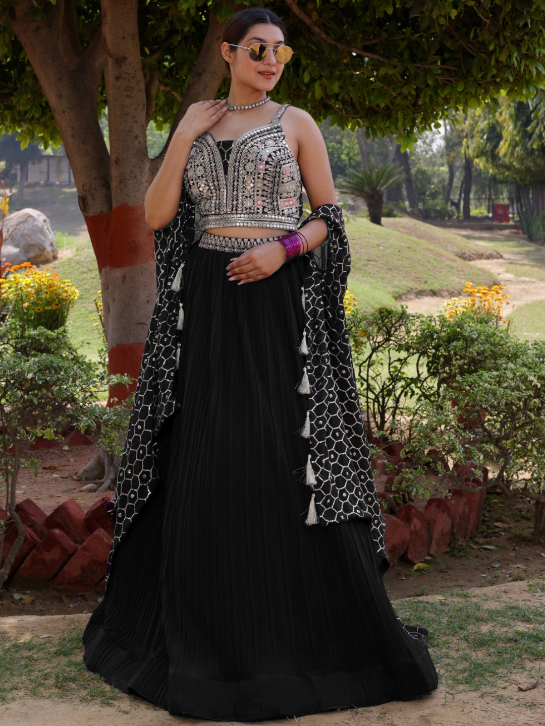 Pleated Lehenga with Stylish Embroidered Crop top blouse & Cape Jacket