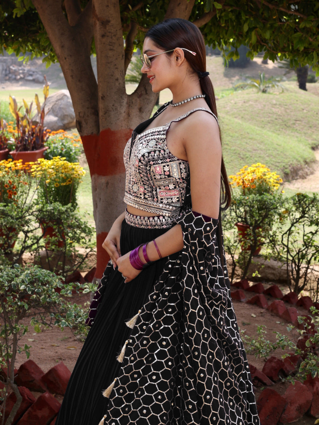 Pleated Lehenga with Stylish Embroidered Crop top blouse & Cape Jacket