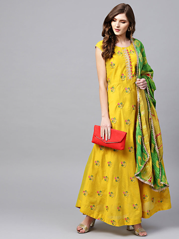 Anarkali Embroidered Suit with Bandhej dupatta