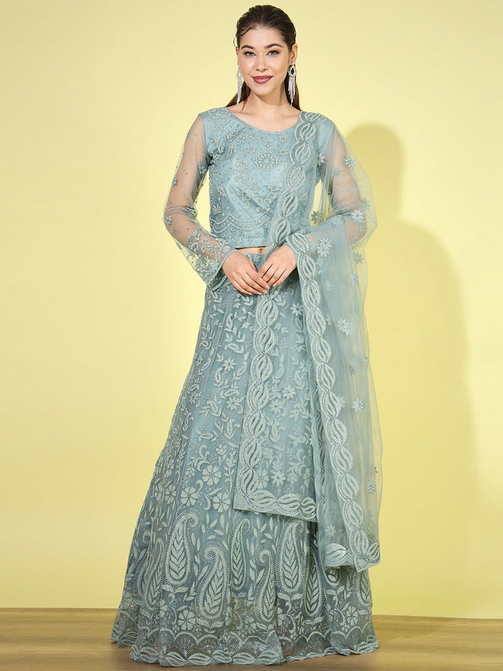 Paisley Pattern Net Lehenga Choli with Scalloped Dupatta