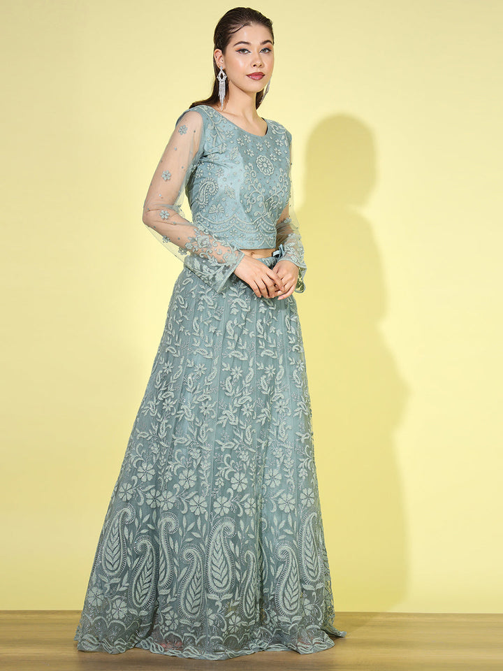 Paisley Pattern Net Lehenga Choli with Scalloped Dupatta