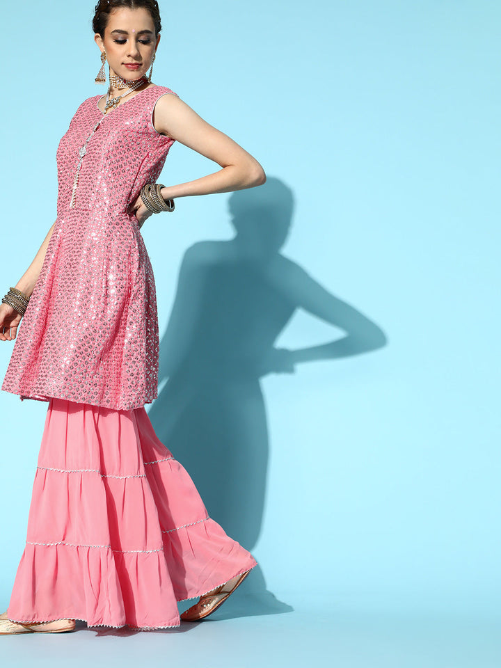 Peplum Flared Suit with Tiered Sharara & Net Dupatta