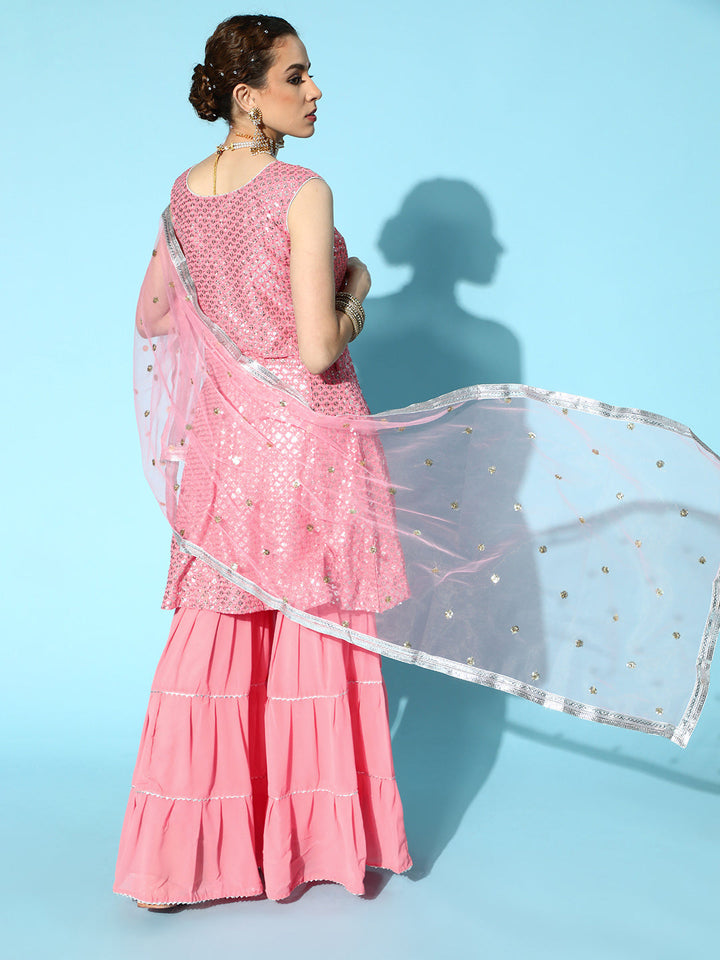 Peplum Flared Suit with Tiered Sharara & Net Dupatta