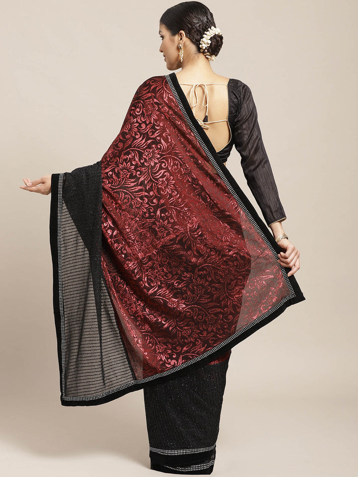 Lycra Paneled Red Black saree with Crystal Embellished border and Self Brocade Pattern