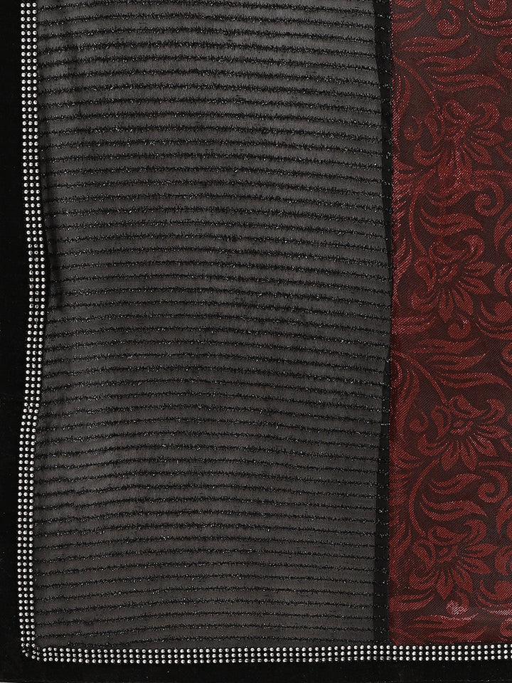 Lycra Paneled Red Black saree with Crystal Embellished border and Self Brocade Pattern
