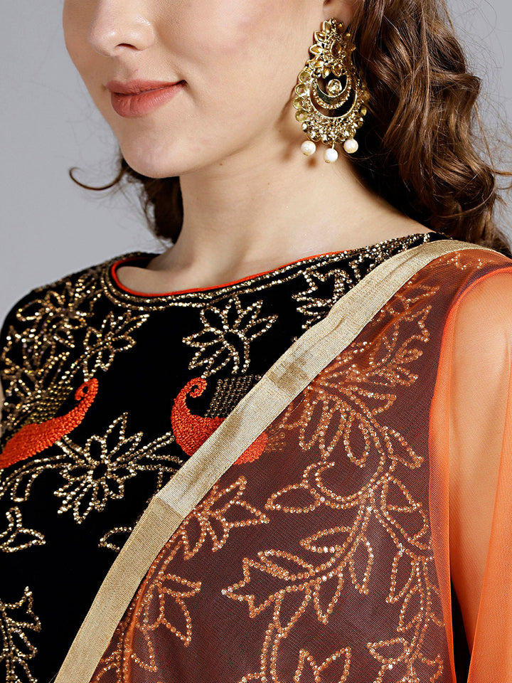 Velvet Embellished Crop top Lehanga set with Peacock Motifs