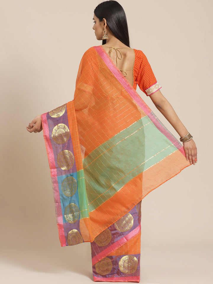 Banarasi Chanderi Checkered Saree with Geometrical Gold Zari Motifs in multicolor Border