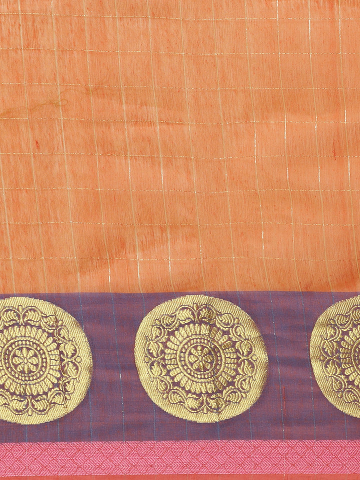 Banarasi Chanderi Checkered Saree with Geometrical Gold Zari Motifs in multicolor Border