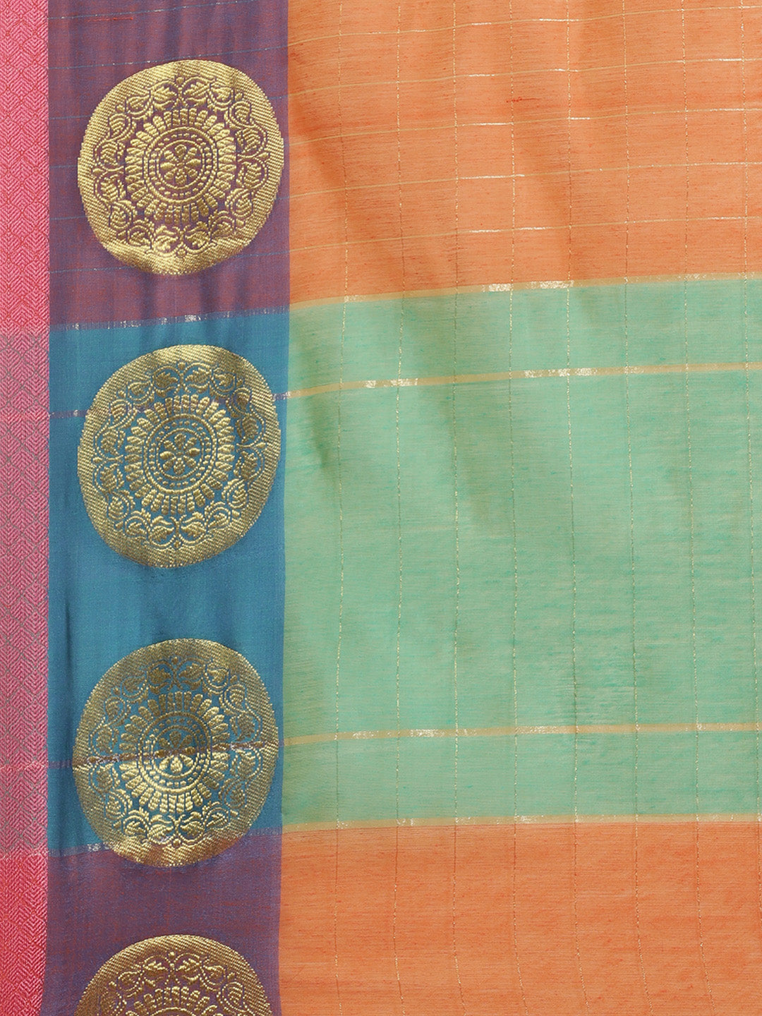 Banarasi Chanderi Checkered Saree with Geometrical Gold Zari Motifs in multicolor Border