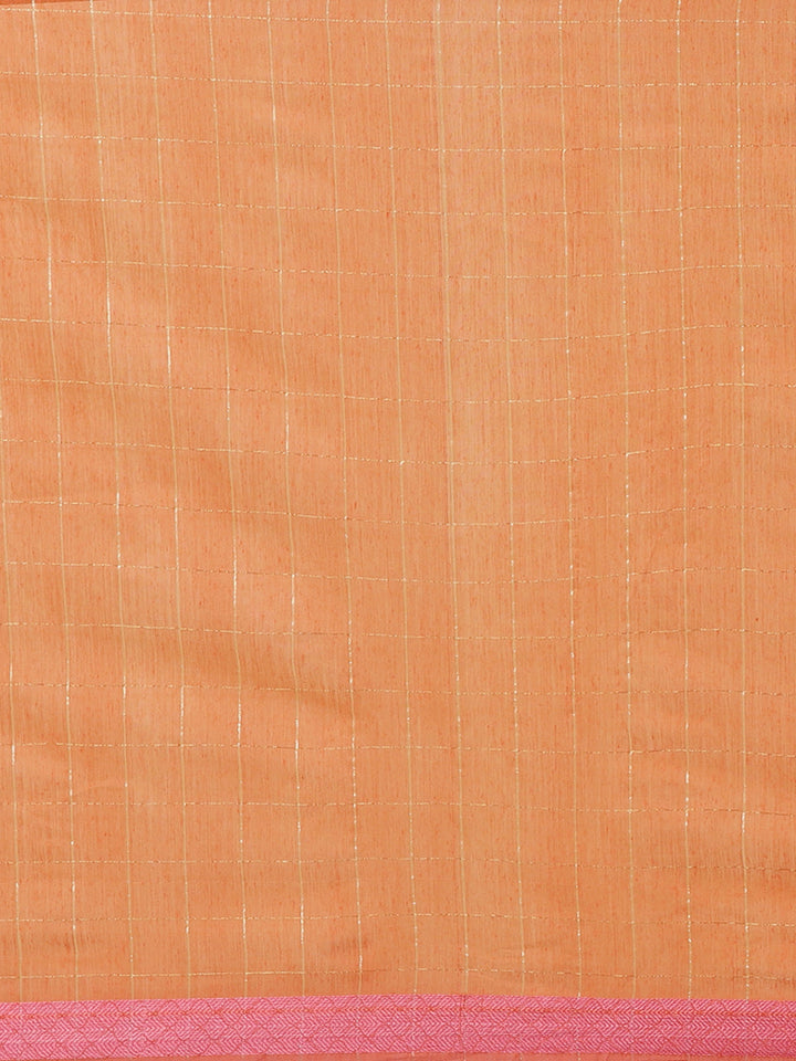 Banarasi Chanderi Checkered Saree with Geometrical Gold Zari Motifs in multicolor Border