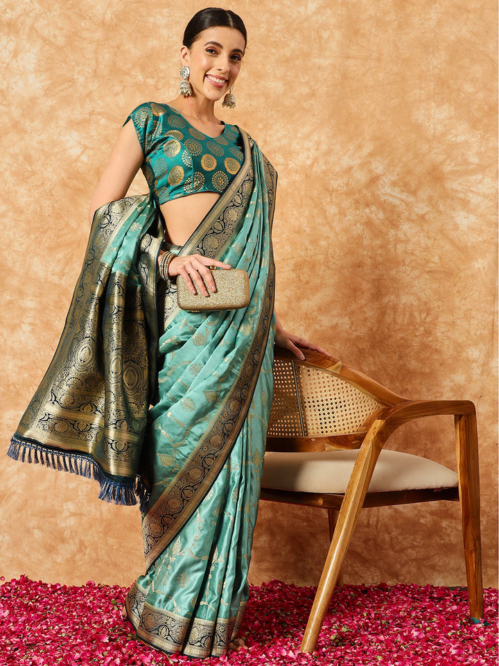 Banarasi Handloom Silk Saree with Contrast Ethnic Weaving Border