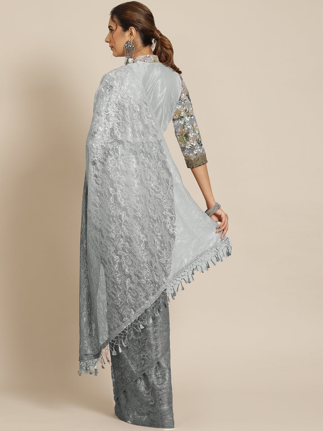 Chantilly Lace Ombre Saree With Floral Shiffli Embroidered Blouse