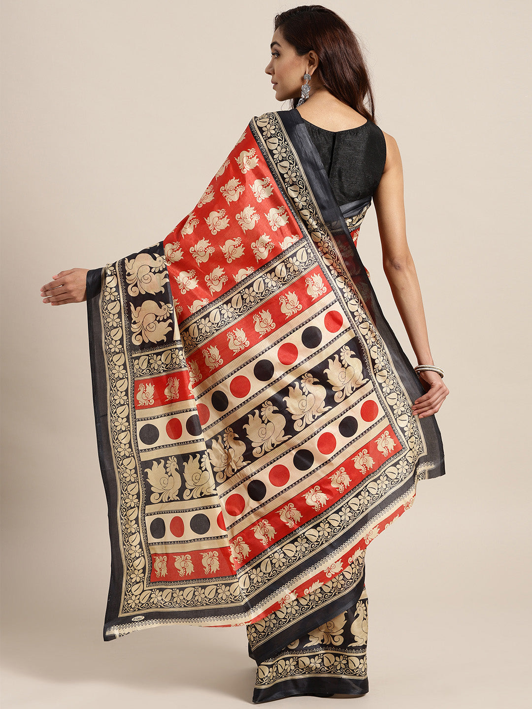Colorblocked Bhagalpuri Printed Saree with Peacock Floral Motifs