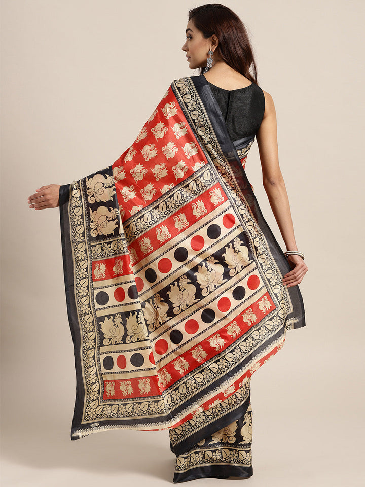 Colorblocked Bhagalpuri Printed Saree with Peacock Floral Motifs