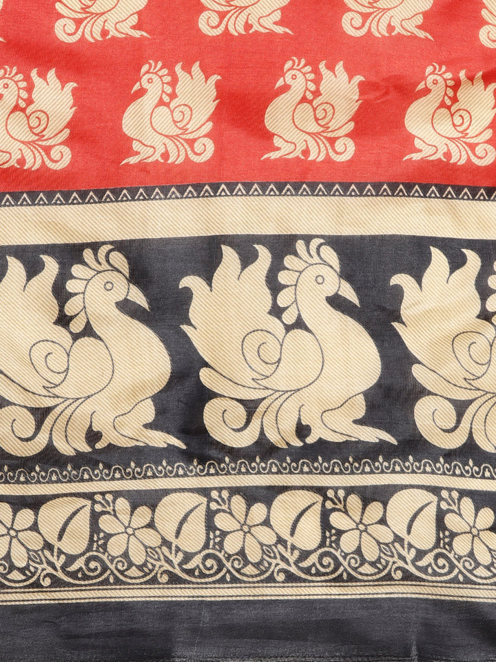 Colorblocked Bhagalpuri Printed Saree with Peacock Floral Motifs