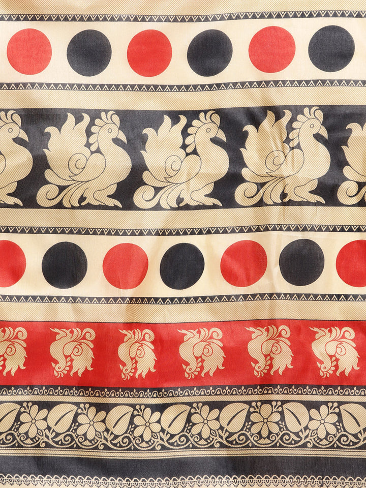 Colorblocked Bhagalpuri Printed Saree with Peacock Floral Motifs