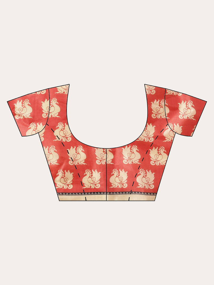 Colorblocked Bhagalpuri Printed Saree with Peacock Floral Motifs