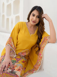 Chhabra 555 Mustard Yellow Kaftan Set with Pearl Embellished Tassles & Tropical Digital Print