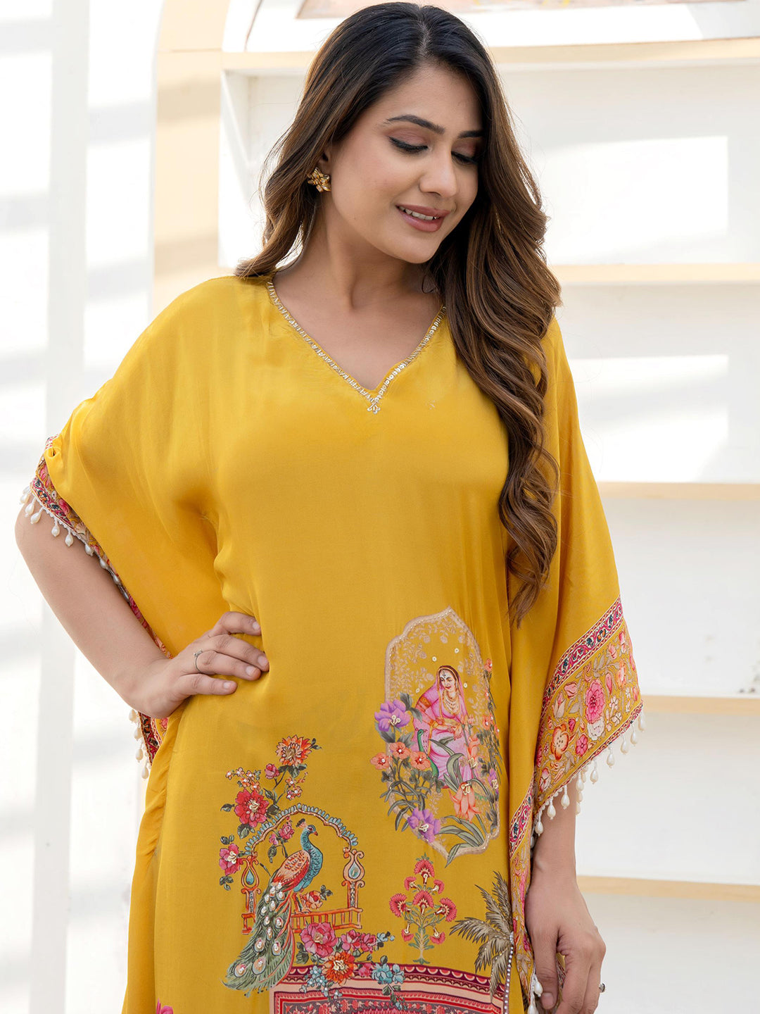 Mustard Yellow Kaftan Set with Pearl Embellished Tassles & Tropical Digital Print