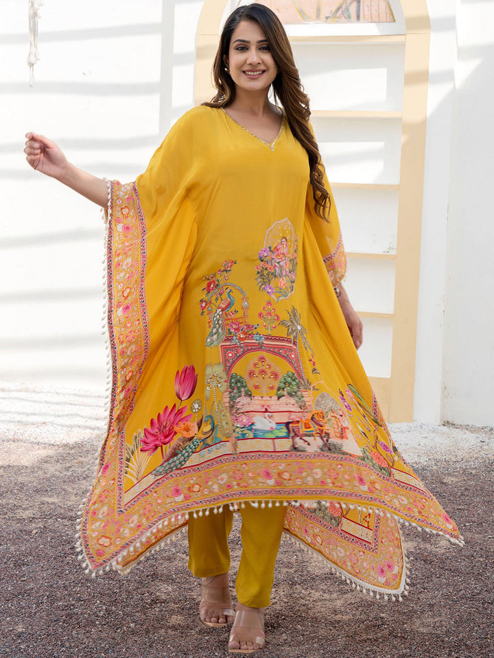 Mustard Yellow Kaftan Set with Pearl Embellished Tassles & Tropical Digital Print