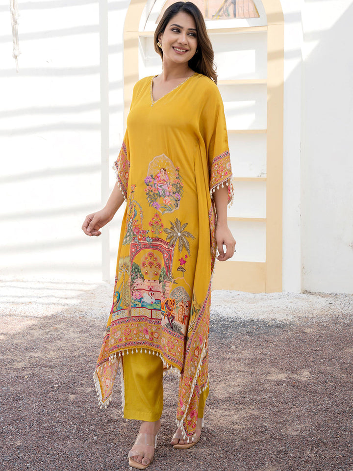 Mustard Yellow Kaftan Set with Pearl Embellished Tassles & Tropical Digital Print