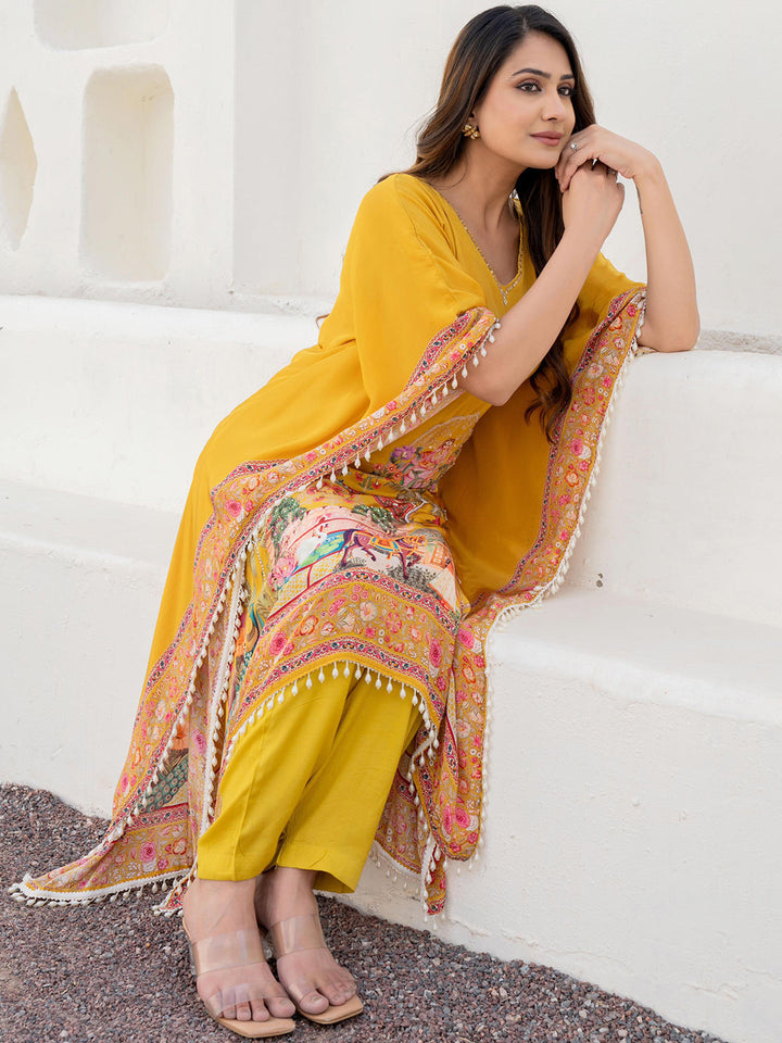 Mustard Yellow Kaftan Set with Pearl Embellished Tassles & Tropical Digital Print