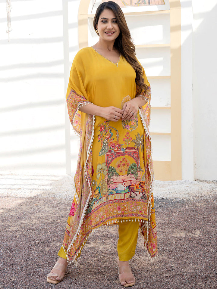 Mustard Yellow Kaftan Set with Pearl Embellished Tassles & Tropical Digital Print