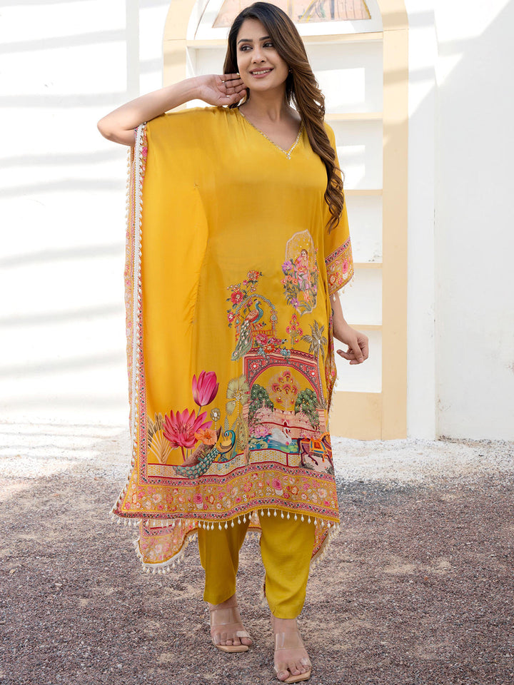 Mustard Yellow Kaftan Set with Pearl Embellished Tassles & Tropical Digital Print