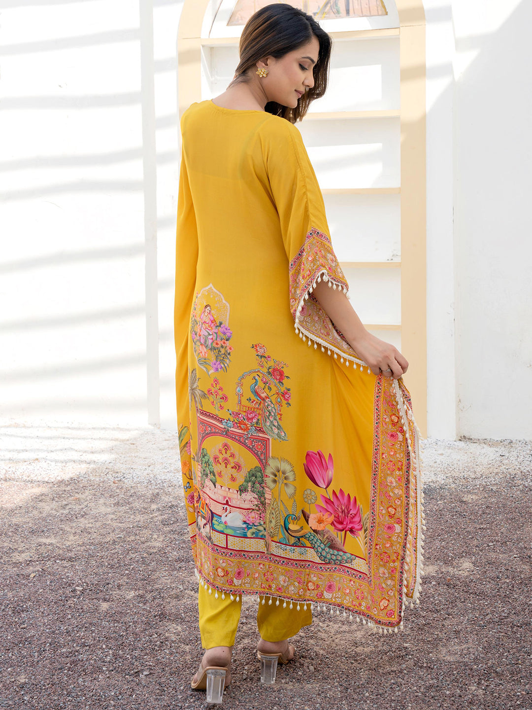 Mustard Yellow Kaftan Set with Pearl Embellished Tassles & Tropical Digital Print