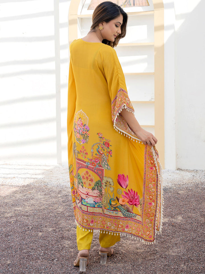 Mustard Yellow Kaftan Set with Pearl Embellished Tassles & Tropical Digital Print
