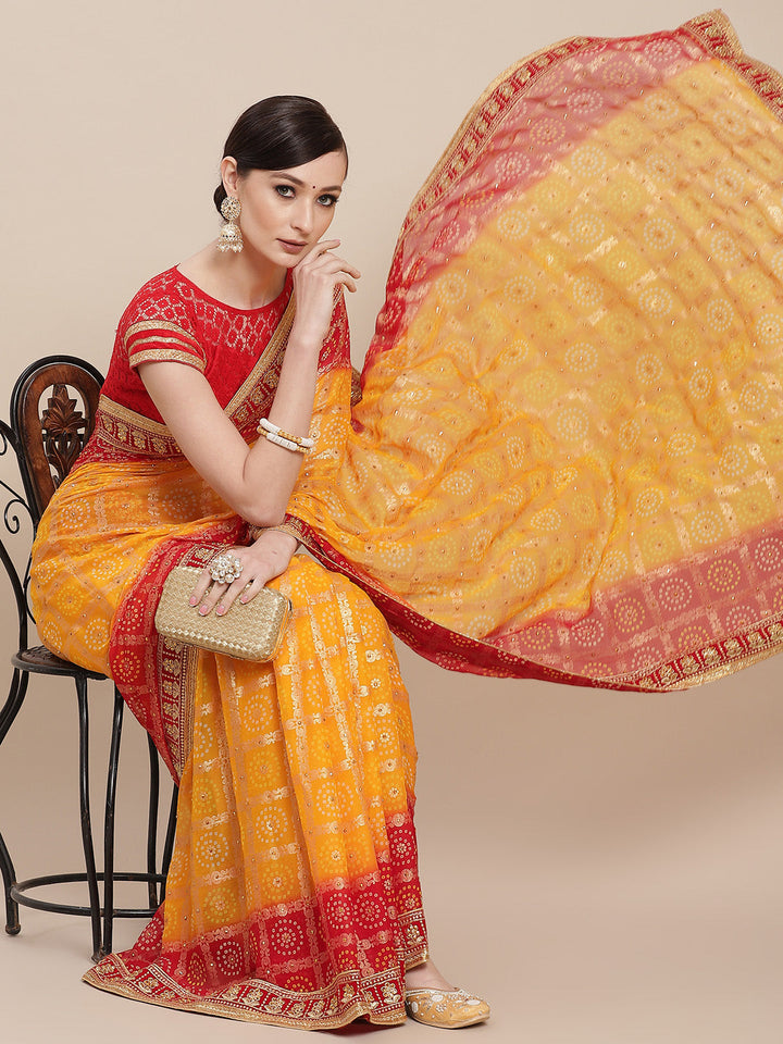 Yellow Ombre Chiffon Bandhej Printed Embellished Bridal Saree