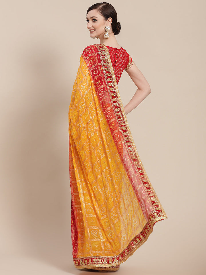 Yellow Ombre Chiffon Bandhej Printed Embellished Bridal Saree