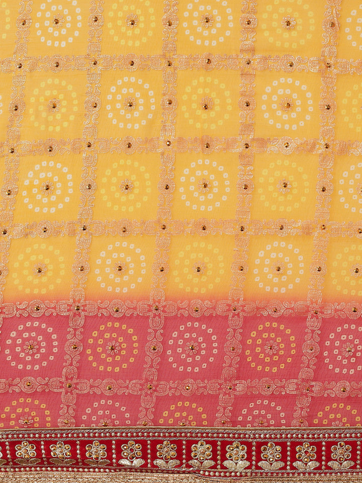 Yellow Ombre Chiffon Bandhej Printed Embellished Bridal Saree