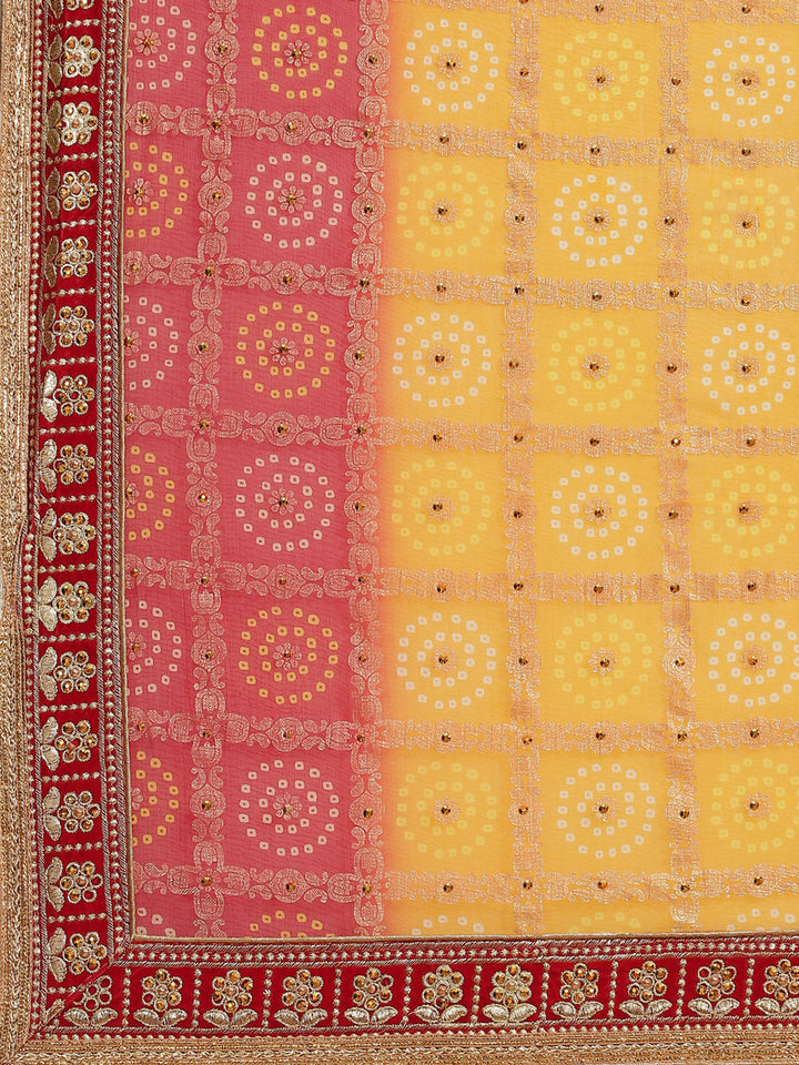 Yellow Ombre Chiffon Bandhej Printed Embellished Bridal Saree