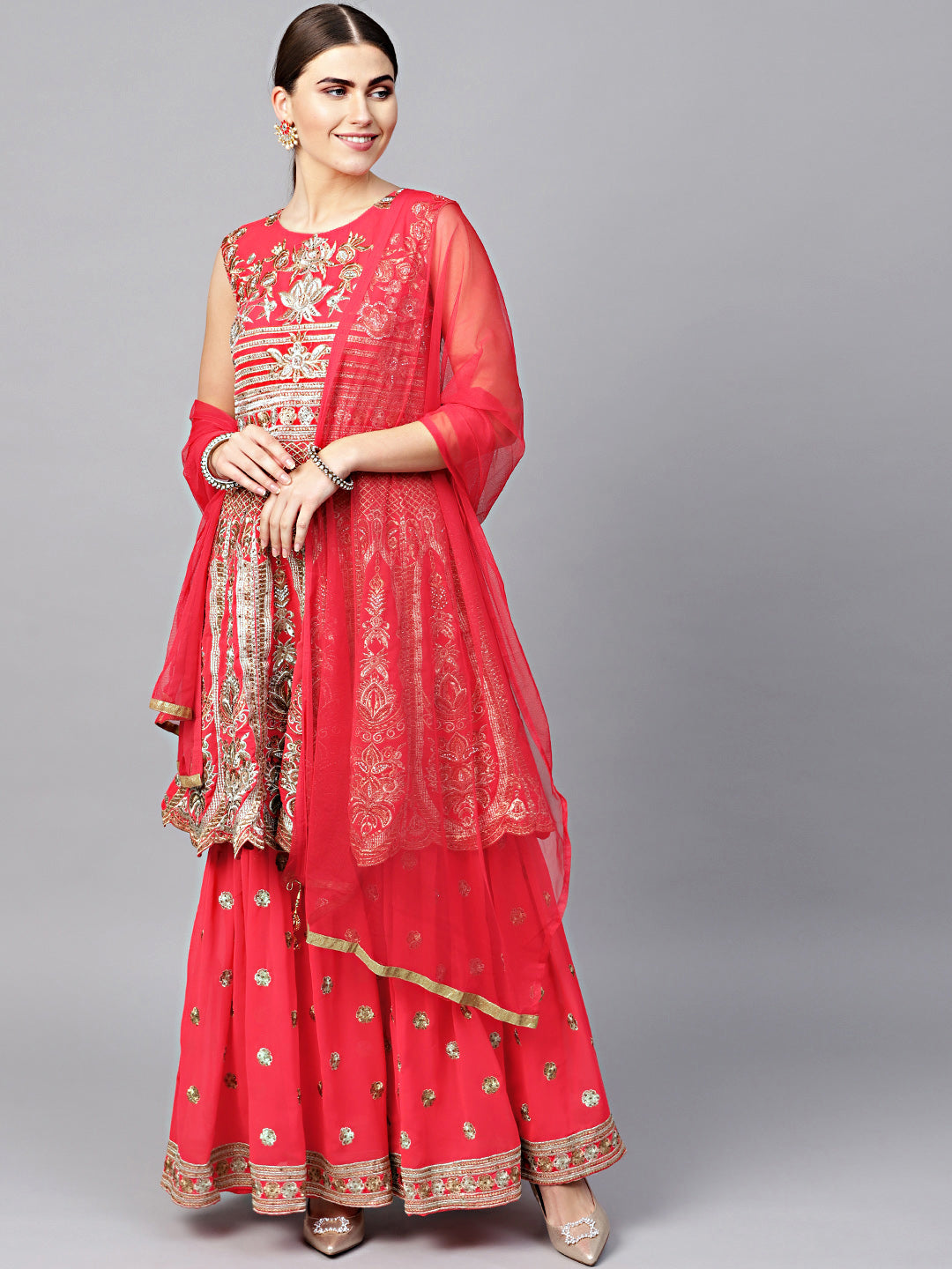 Peplum style Embellished Kurta Set with Embroidered Sharara