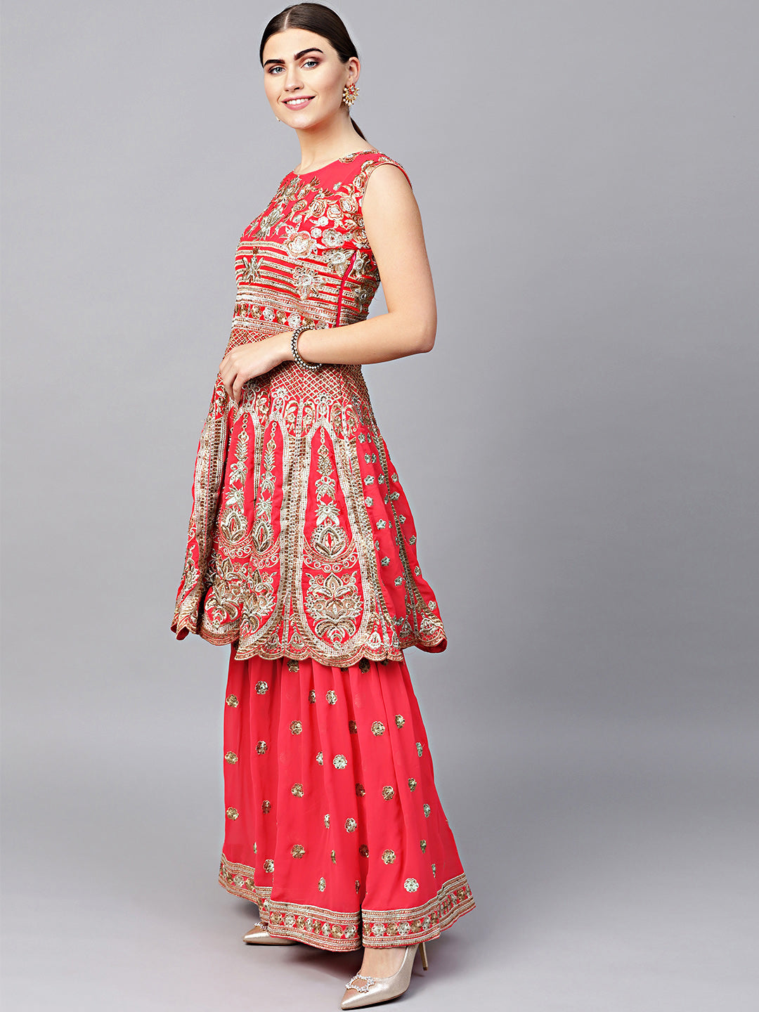 Peplum style Embellished Kurta Set with Embroidered Sharara