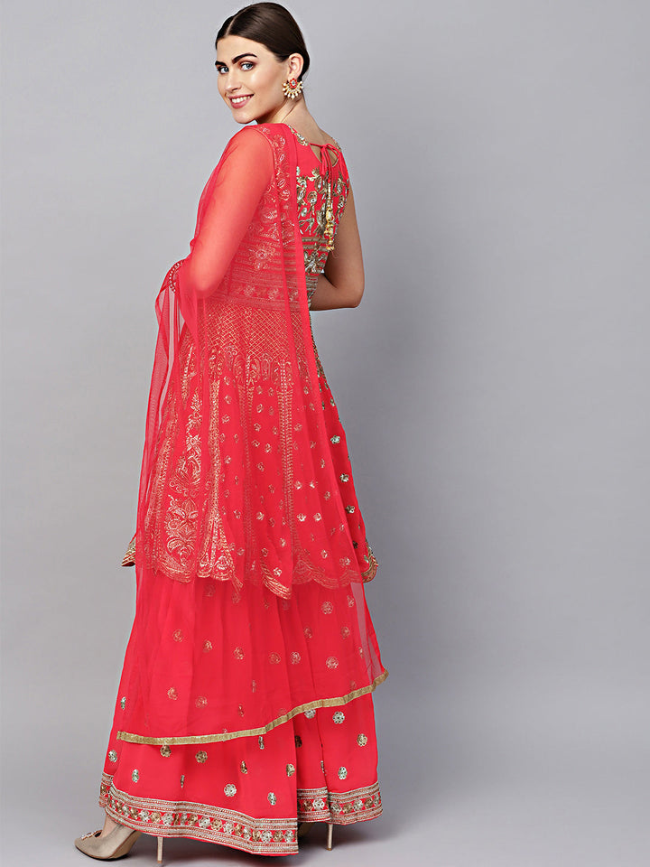 Peplum style Embellished Kurta Set with Embroidered Sharara