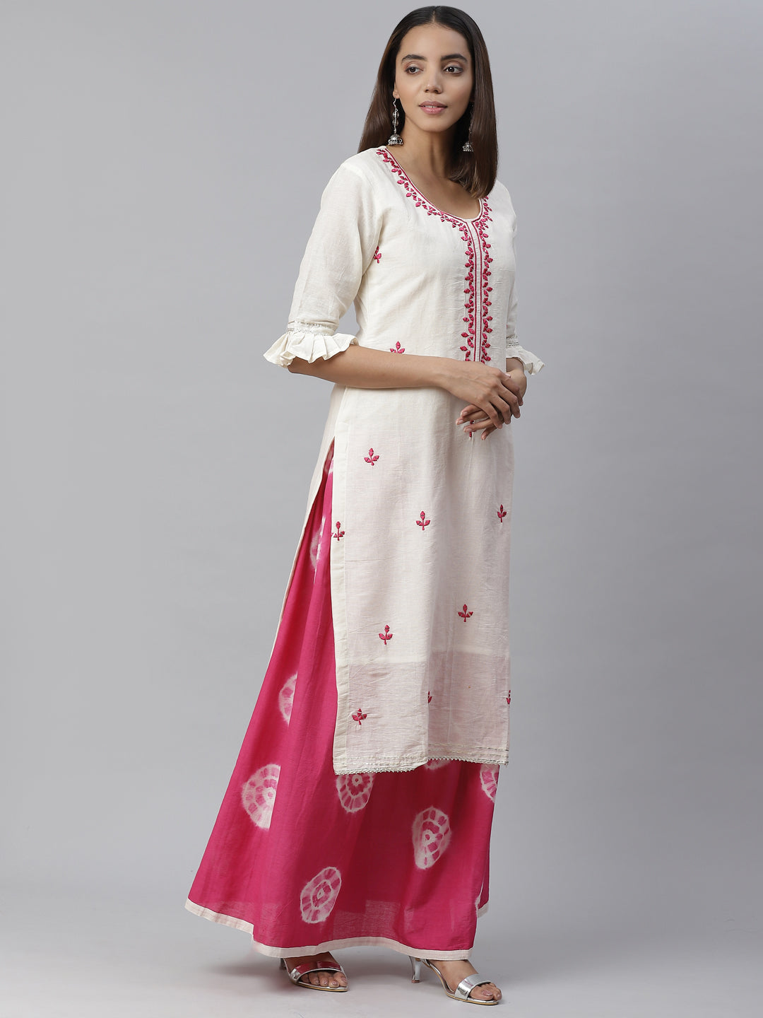 Jute Cotton Embroidered Kurta Set with Bandhej Palazzo and Mirror Embellishments