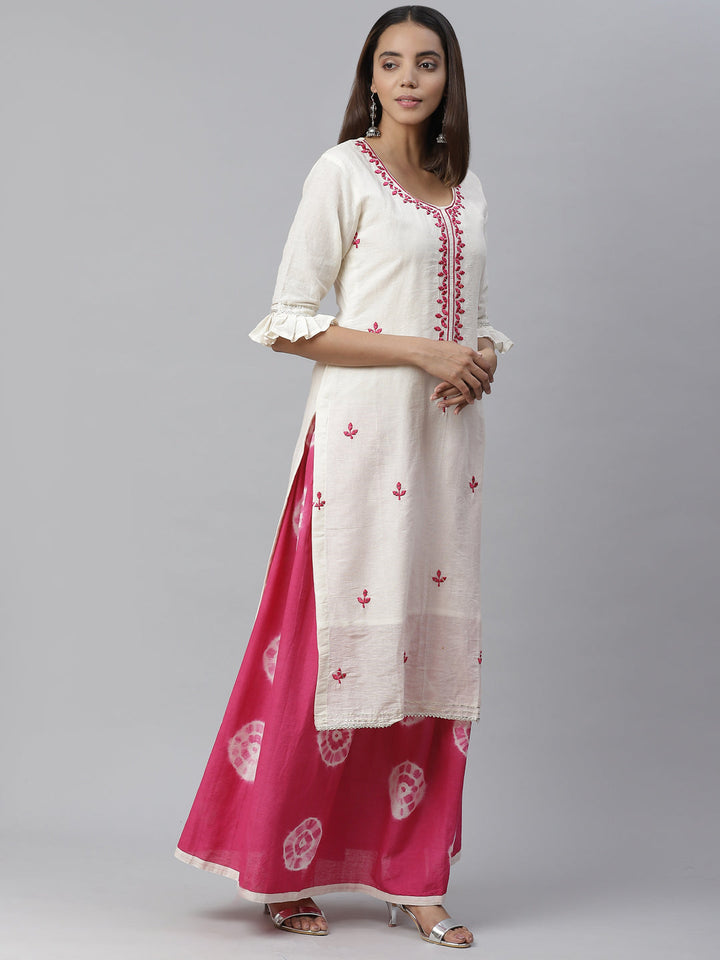 Jute Cotton Embroidered Kurta Set with Bandhej Palazzo and Mirror Embellishments