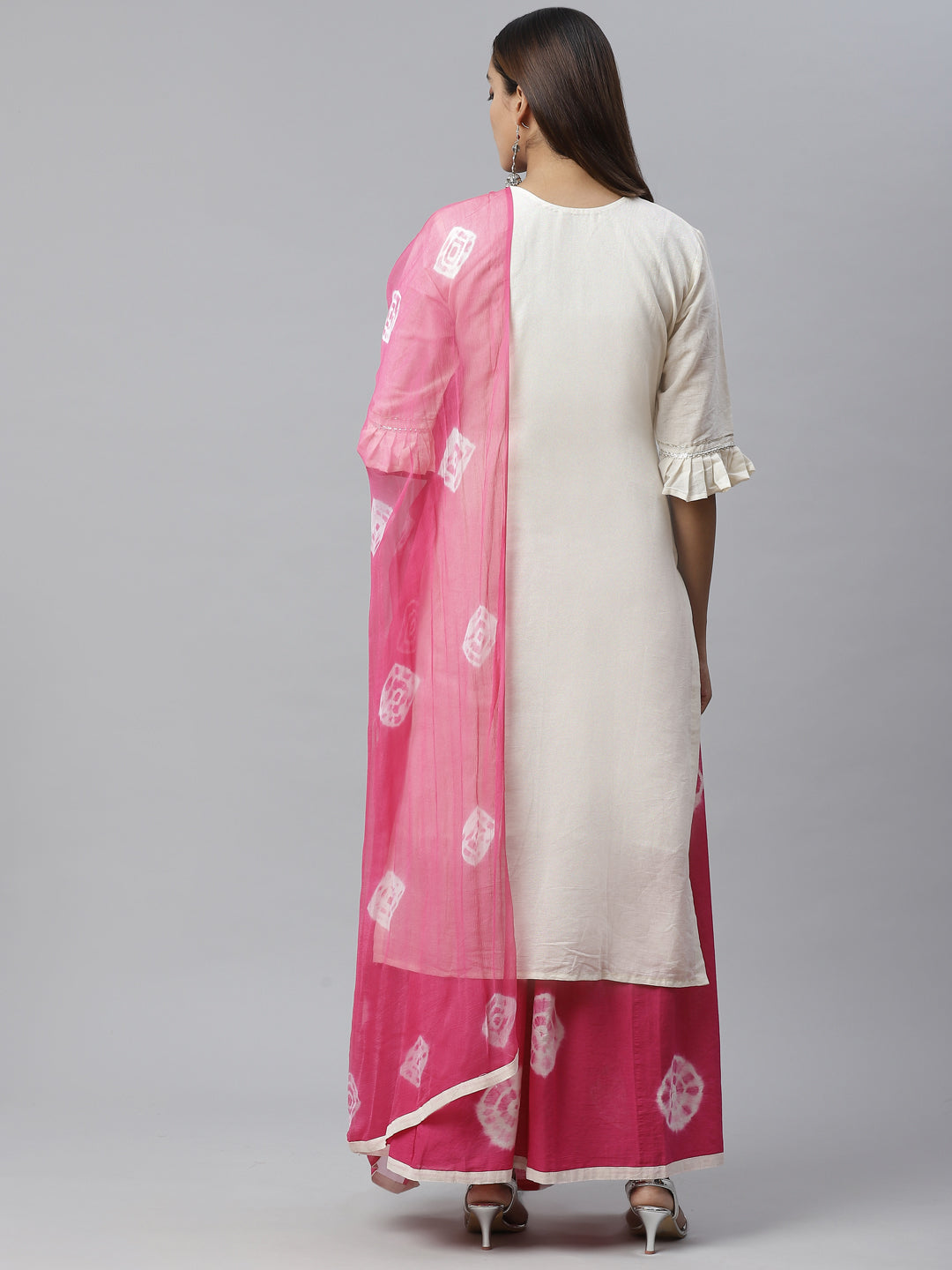 Jute Cotton Embroidered Kurta Set with Bandhej Palazzo and Mirror Embellishments